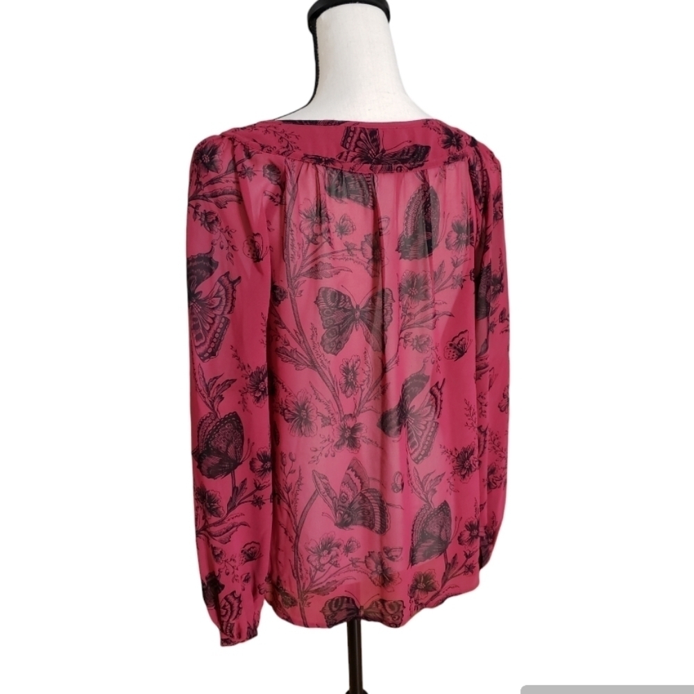 Ann Taylor Loft Womens Blouse Red BLACK BUTTERFLIES Size SP Long Sleeve Sheer - Picture 2 of 8